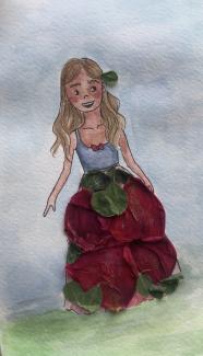 A drawing of a girl in a flower dress