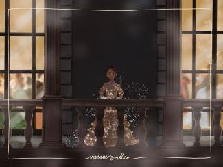 a princess on a balcony with a ballroom in the background