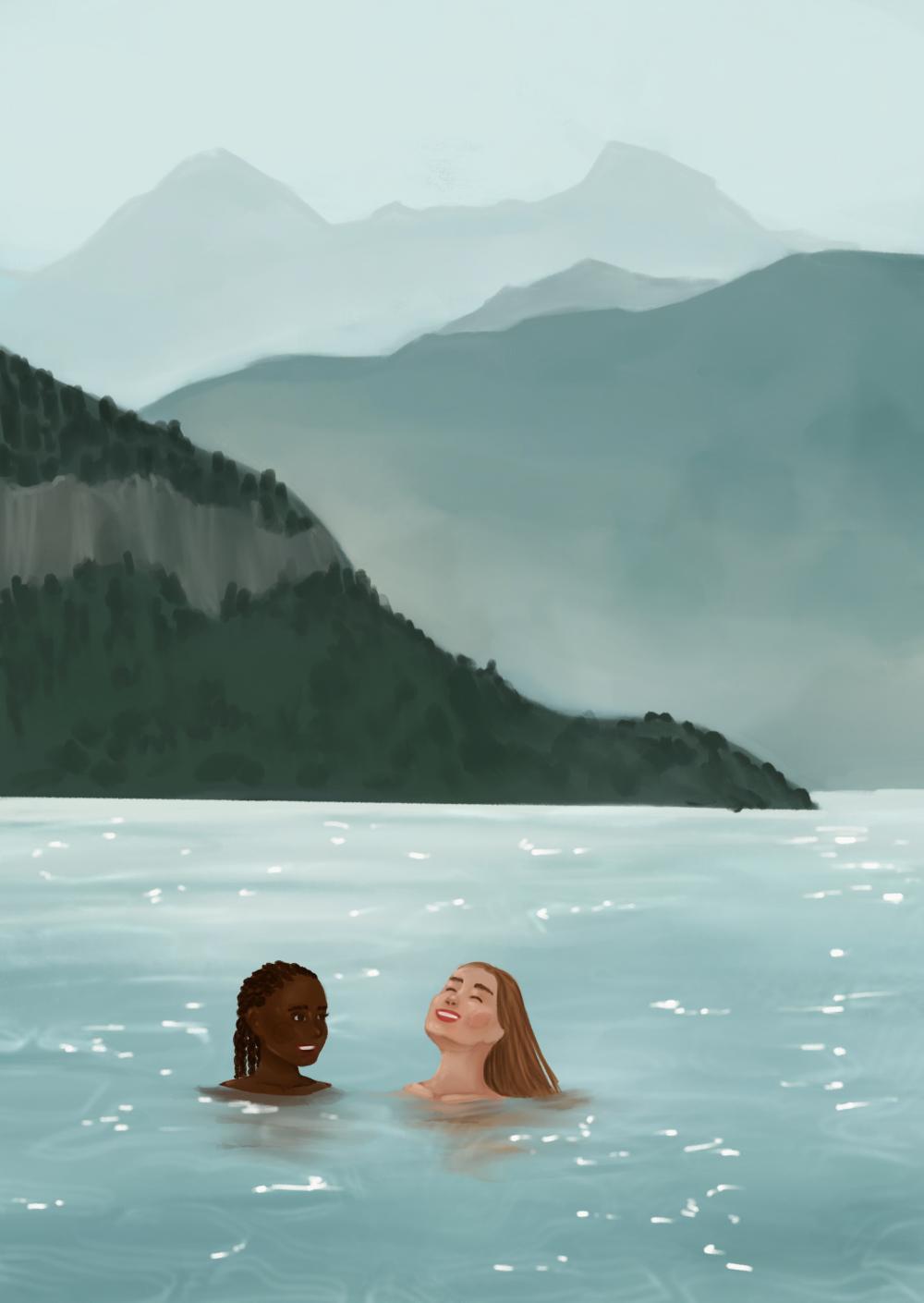 a cute illustrations of two best friends in a lake